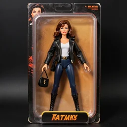 photograph of 1 9 8 0 s femme fatale collectable action figure still in original packaging, noir toys line