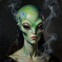 a baroque neoclassicist close - up portrait of an green and black alien woman wearing an iridescent reflective retrofuturistic lovecraftian cyberpunk domino mask. head, face and shoulders, foggy black background. white smoke. renaissance portrait painting. sci - fi retrofuture. highly detailed science fiction painting by norman rockwell, frank frazetta, syd mead and moebius. rich colors, high contrast, gloomy atmosphere, dark background. trending on artstation.