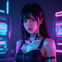 beautiful japanese cyborg with led projection skin, neon lighting, techno neon background, portrait photo, octane render