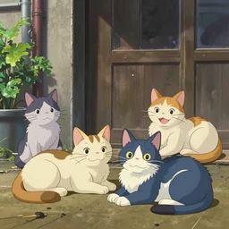 four happy stray cats, lounging about and looking at the camera, urban setting, whimsical, trending on artstation, animation still by Hayao Myazaki