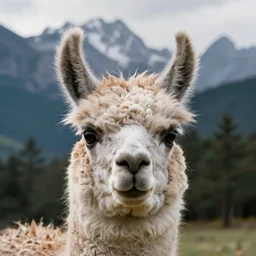 Double exposure, soft light, soft focus, mountain scene in a llama face, double exposure effect, creative animal portrait, andes mountain forest, film photography