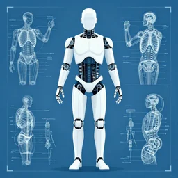 cybernetic man medical illustration and blueprint
