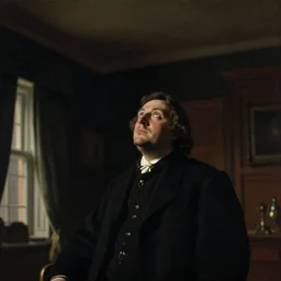 view up, looking up, dark cinematic light, furnished retro style room, by john everett millais