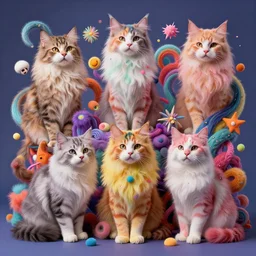 a surreal, colorful, fluffy, elaborate, and detailed cats on acid