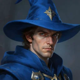 alexis ohanian as a wizard, blue wizard hat, concept art, detailed face, fantasy, highly detailed, hearthstone, cinematic lighting, digital art painting by greg rutkowski