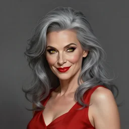 attractive middle-aged witch, smirking, foxy, sharp features, big grey hair, yellow eyes, red lipstick, sleeveless red dress, highly detailed, digital painting, artstation, concept art, smooth, sharp focus, beautiful face, expressive eyes, illustration, art by Artgerm and greg rutkowski and alphonse mucha