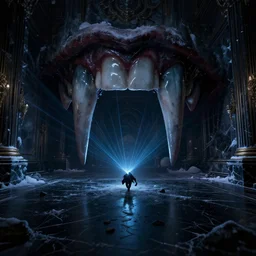 up close shot of vampire fangs, winter, dark scenery, dark lighting, cinematic, cold freezing nights, laser lights, crybernetic, top floor boss shit, destroy lonely, black floor, lavish, luxurious, marble walls, cinematic, hyper realism, high detail, octane render, 8 k