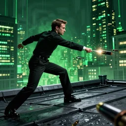 macron dodging bullets on a rooftop, slowtime, in matrix, realistic, matrix lut, american shot, green matrix light, side view, nvidia