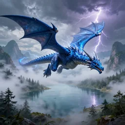 flying blue lightning dragon, misty fog, big lake with mountains in background, forest, thunder and lightning, dungeons and dragons, highly detailed, digital illustration - 4