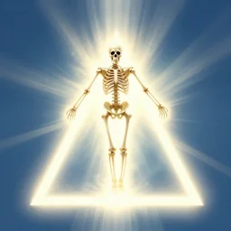 holy missile flying towards triangular skeleton glowing in rays of divine light aura in the style of Greg Broadmore and junji ito and Arthur Rackham and Moebius, trending on artstation, light lighting side view,digital art,surrealism ,macro,blueprint ,vaporwave ,