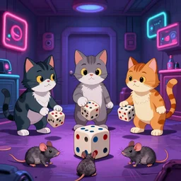 3 cats rolling dice with 3 rats, neon basement, by john kricfalusi