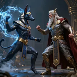 concept art of a fight between anubis versus odin, fantasy, energy, ultra realistic, style by feng zhu and artgerm, trending on artstation, cgsociety, 8 k, octane render, high contrast, 3 d render, cgi, cinematic lighting