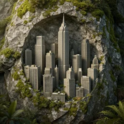 a beautiful realistic detailed city carved in a stone, surrounded by mold and moss, photorealistic, octane render, volumetric lighting,
