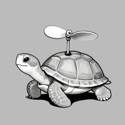 storybook illustration of a turtle with a propeller attached to its shell, storybook illustration, monochromatic