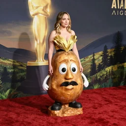 elizabeth olsen dressed as a potato, on the red carpet