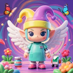 3 d render of chibi cyborg surgeon goblin elf by ichiro tanida wearing a big jester hat and wearing angel wings against a psychedelic swirly background with 3 d butterflies and 3 d flowers, holistic medicine, arabic hong kong ad, in the style of 1 9 9 0's cg graphics 3 d rendered y 2 k aesthetic by ichiro tanida, 3 do magazine