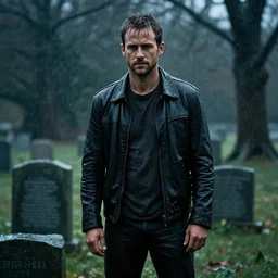 paul walker stands at a grave in the rain, dark, sweaty, dramatic