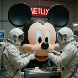 grainy vintage futuristic mechanic surgeons with astronaut helmets on their heads operating claw on huge mickey mouse doll head red netflix neon office sign in background, in private care garage, beeple!!!!!!, minimal, dystopian movie still