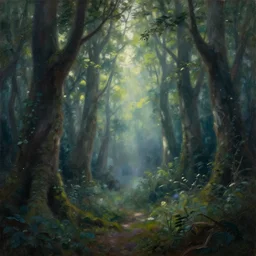 A Pablo PIcasso oil painting of a hauntingly beautiful elven forest in the morning; rays of light coming through the canopy; trending on artstation; extraordinary masterpiece!!!!!!; 8k