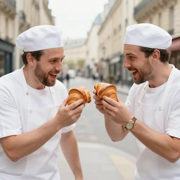 closeup potrait of bakers fighting croissants in a paris street, natural light, sharp, detailed face, magazine, press, photo, Steve McCurry, David Lazar, Canon, Nikon, focus