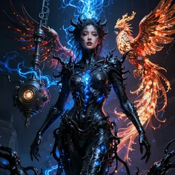 full shot of a beautiful woman covered by massive black oil, venomize, intricate lights, gas, blue light, phoenix, bio luminescent, plasma, by ruan jia and artgerm and range murata and wlop and ross tran. key art. fantasy illustration. award winning, artstation, intricate details, realistic, hyperdetailed, vibrant lights.