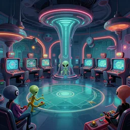 two alien playing game at its spacious gaming room, hi - tech gaming setup, intricate, led lights, 1 9 6 0 s, indoor, spacious, artstation, art by hugh ferriss