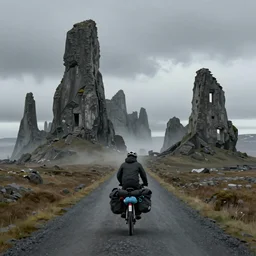 A digital painting by Simon Stålenhag of a person on a touring bike on a gravel road of Iceland. The bike has a rack with saddlebags mounted. Around the road there are monumental old ruins tower of a dark misty forest,overcast, sci-fi