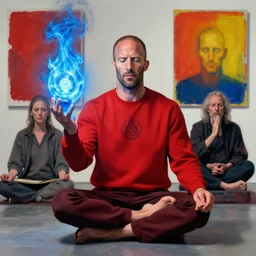 shaman chakra telekinesis red artificer yogi Jason Statham wearing crimson sweatshirt brandishes a blue fire orb levitating meditation norman ackroyd jim lambie greg rutkowski rothko tombow