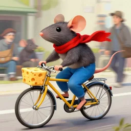 digital painting of a cartoonish rat wearing red scarf and blue pants, it's riding a bike, bike is a swiss cheese model, fine details by stanley artgerm lau, wlop, rossdraws, james jean, andrei riabovitchev, marc simonetti, and sakimichan, trending on artstation