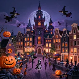 A bustling magical town with witches flying all around inspired by amsterdam and Halloween Town from the nightmare before christmas, concept art, matte painting, trending on art station, ultra high quality, masterpiece