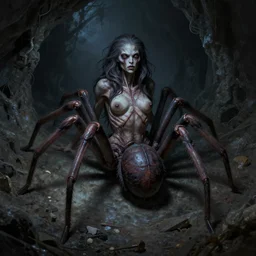 creepy matte painting of a female spider centaur in a dark cave, ultra detailed, monster, half human half spider, human torso!!, spider abdomen!!!, creature design, concept art, 8 k, moody lighting, muted colors, blue tone light, dramatic lighting, realistically proportioned body, realistically proportioned face, racnoss