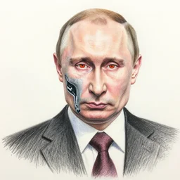Colored crayon drawing of Vladimir Putin as the terminator, half robotic face, red eyes glowing