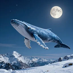 blue whale flying in sky, above mountains, concept art, snow, starry sky, nighttime, full moon, by Jordan grimmer, realistic, high detail