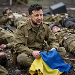 Volodymyr Zelensky at war,  dressed like  a Vietnam war American soldier ,  sitting on the ground between dead corpses , crying and weeping, holding a half burnt  flag of Ukraine, sharp focus, depth of field, hyper detailed, hyper realistic, High definition, by Larry Burrows