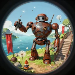 wholesome animation key shot, fish eye lens, intricate, dwarfed by the rusty robot schwerer gustav!!!!, red banners, stairs, dandelion seeds, lake, ambient occlusion, studio ghibli, pixar, disney concept art watercolor illustration by craig mullins, dean cornwell, nc wyeth, satoshi kon!