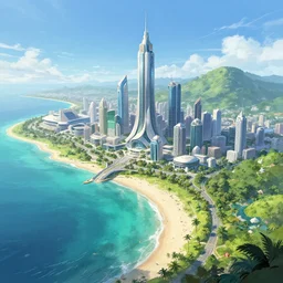 sleek futuristic city on a coastline surrounded by greenery, blue sky, turquoise water, white sand, syd mead, alena aenami, artstation, digital painting, concept art, expansive