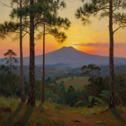 oil painting of a sri lankan landscape at sunset, pine trees in the foreground, mountain sunset in the background, volumetric lighting, volumetric shadows, realistic oil painting by gustave dore, - h 6 4 0,