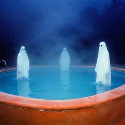 ghosts, vintage swimming pools, fog, deep blue mood, colorful, contemporary archival color photograph print from the original negative, by stanley kubrick