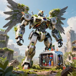 A giant robot in city ruins overtaken by vegetation!!, Little planet!!!!, The Graveyard, cinematic, hyper realism, high detail, octane render, unreal engine, 8k, vibrant color, Mechanical Angel, futuristic toaster with complex circuitry!, Potions for the modern adventurer!!!, by andrea chiampo and chet zar