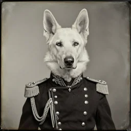professional studio photo portrait of anthro anthropomorphic albino german shepard head animal person fursona serious wearing elaborate military general uniform clothes degraded medium by Louis Daguerre daguerreotype tintype