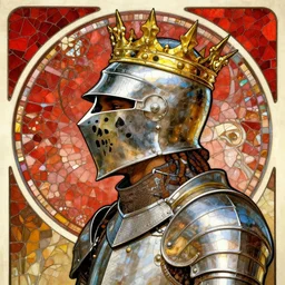 beautiful and detailed portrait of travis scott as a knight, profile view, side view, kaldor helmet, skull - shaped visor, no mandible, royal crown with big spikes, plate armor, stained glass art, by alphonse mucha, red mosaic background, very masterful