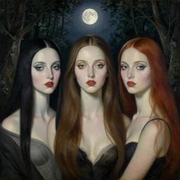 the three fates, forest, moonlight, gemma chen, madison beer, angela sarafyan, pinup, intricate beautiful faces, surrealistic painting by agostino arrivabene, vanessa beecroft, anka zhuravleva, mary jane ansell, peter mohbacher, gerald brom