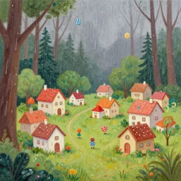 realistic painting of a cute little village in the woods, but it is raining candy and sprinkles