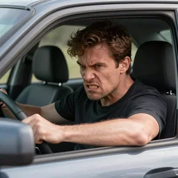 Angry man inside a car is having a road rage, highly detailed, professional digital painting, Unreal Engine 5, Photorealism, HD quality, 8k resolution, cinema 4d, 3D, cinematic, art by artgerm and greg rutkowski and alphonse mucha and loish and WLOP