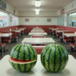 2 0 1 2 watermelon new jersey diner, tables repeat endlessly into the horizon, fruitcore, one point perspective, scene from a kiyoshi kurosawa movie