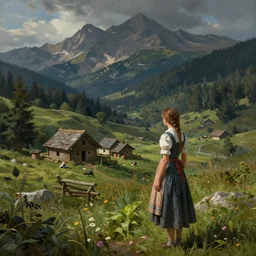 the elder scrolls vi, small farmhouse, village girl in dirndl, mountainous sloping meadow and slightly forested background, atmospheric lighting, painted, intricate, volumetric lighting, beautiful, rich deep colors masterpiece, sharp focus, ultra detailed by leesha hannigan, ross tran, thierry doizon, kai carpenter, ignacio fernandez rios
