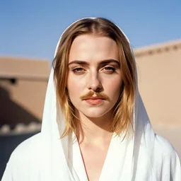 photo, sophie turner, mustache, morocco, white clothing, ektachrome, portrait, close up, 5 0 mm,