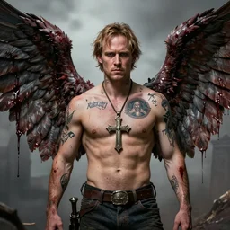 Sam Winchester as a strong angel with a big cross pendant and religious tattoos on chest and neck, big Angel wings wide open, stained and bleeding, D&D!, fantasy style, sharp focus!, ultra detailed, art by Artgerm and Peter Andrew Jones, Ayami Kojima
