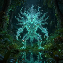 creature in a lush vegetation at night, water reflection, bioluminescent : : by michal karcz, daniel merriam, victo ngai and guillermo del toro : : ornate, dynamic, particulate, intricate, elegant, highly detailed, centered, artstation, smooth, sharp focus, octane render, 3 d