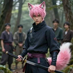 a beautiful portrait of a handsome anime male boy with pink hair and pink wolf ears and and pink wolf tail wearing a ninja outfit and holding a katana in the forest. character design by cory loftis, fenghua zhong, ryohei hase, ismail inceoglu and ruan jia. artstation, volumetric light, detailed, photorealistic, fantasy, rendered in octane